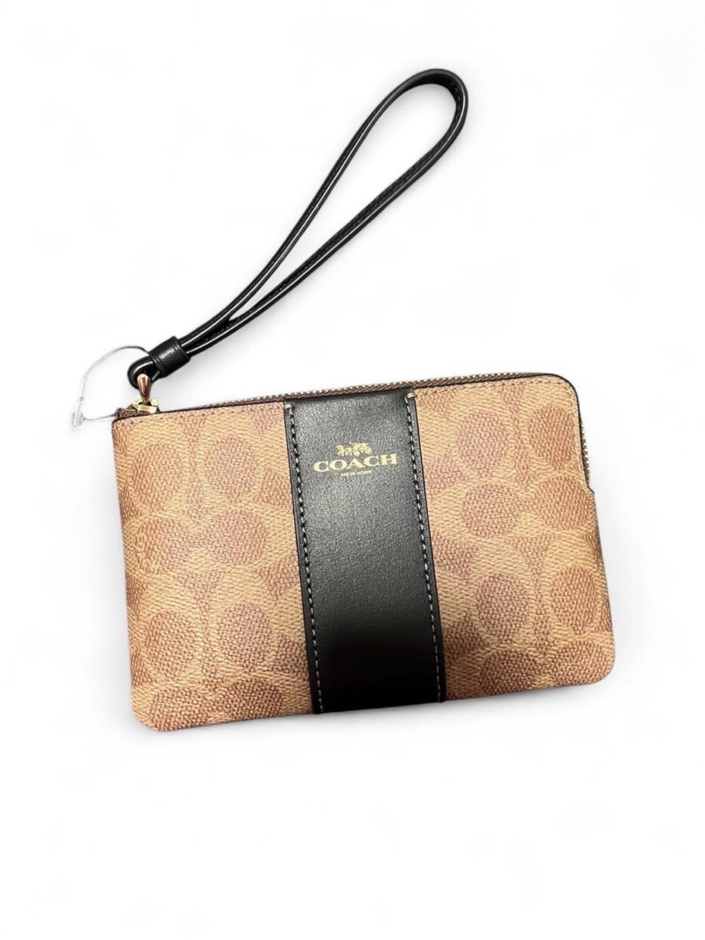 Coach Brown Signature Canvas Wristlet with Black Center Stripe